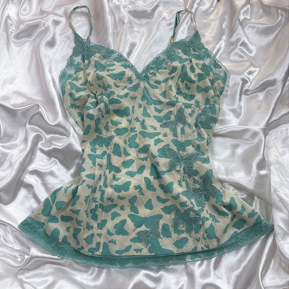 Vintage Karen Millen Cami Top Teal Butterfly Silk Blend Lace Trim Excellent US 8
